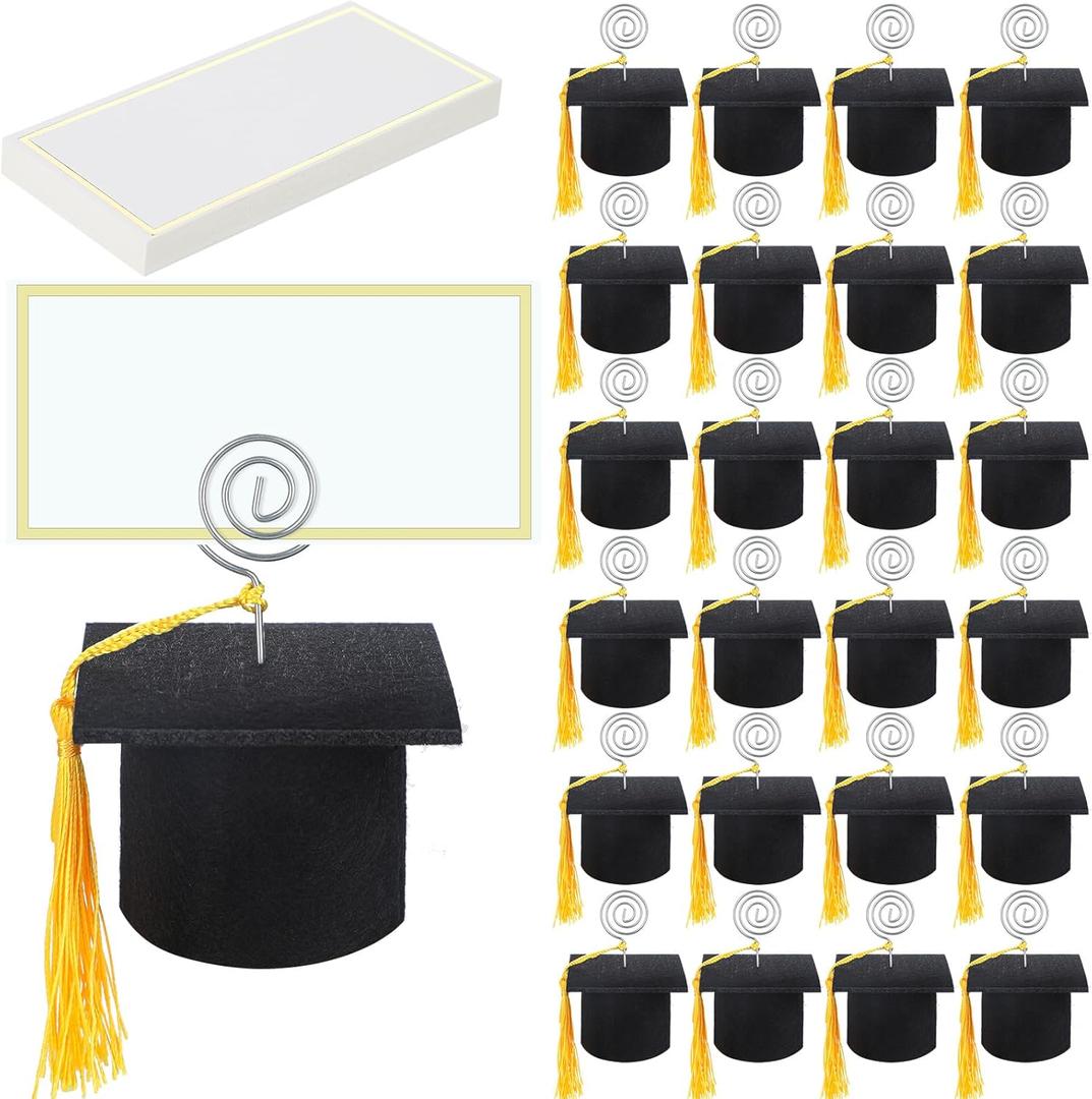 24 Sets Graduation Cap Ornament Place Card Holders Photo Holders with Yellow Tassel and Name Cards Congratulate Graduates Supplies for Graduation Party Celebration