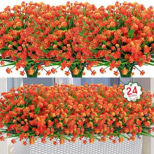 Ouddy Decor 24 Bundles Artificial Flowers for Outdoors UV Resistant Fake Plastic Plants Faux Greenery Stems for Spring Summer Indoor Garden Patio Window Box Kitchen Home Decor, Orange