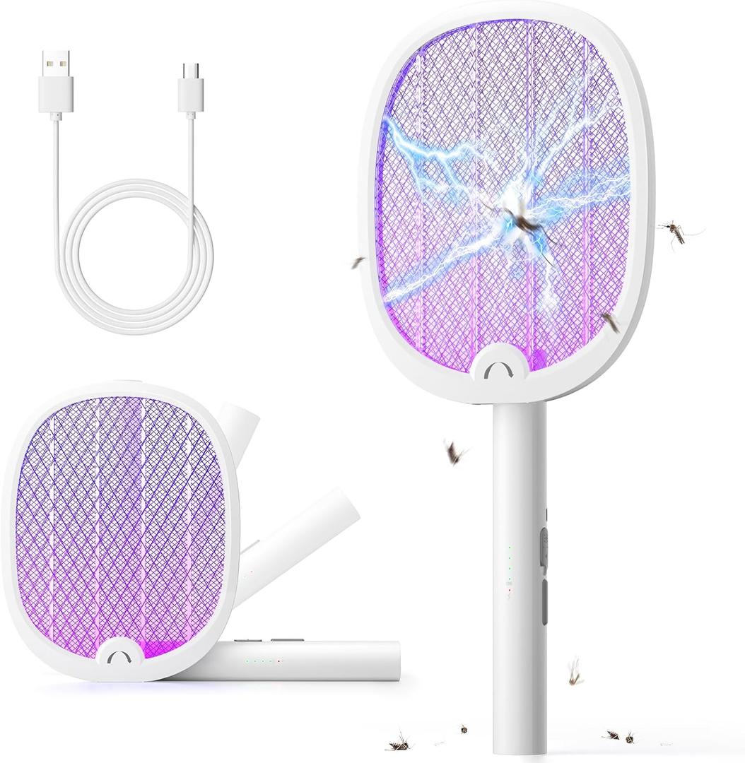 YISSVIC Electric Fly Swatter Foldable Bug Zapper Racket 2 in 1 Mosquito Killer with Purple Attractant Light Rechargeable 1800mAh for Indoor Home Backyard Patio Camping (1, White)