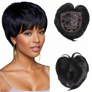 BECUS Pixie Cut Hair Toppers for Women with Bangs, Clip-On Hairpieces, Wig Toppers for Thinning Hair, Synthetic Black Hairs Pieces for Black Women, Daily Use (Black)