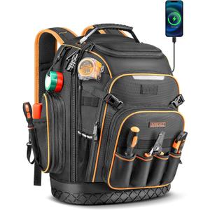 Tool Backpack, HVAC Tool Bag with Molded Base, Full Opening Electrician Tool Backpack for Men Heavy Duty, Tools Organizer Bags for Jobsite Work Handyman, Large Pockets & Combination Lock
