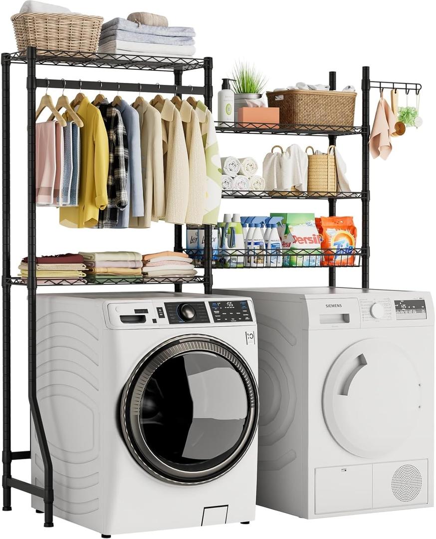 Over Washer and Dryer Shelves,Heavy Duty Laundry Room Storage Organization Clothes Drying Rack,5 Tier Adjustable Height Wire Shelving and Wire Basket with Hanger Rod&Hook,Space Saving Shelf (15.75D x 58.25W x 72H, Black(5-tier))