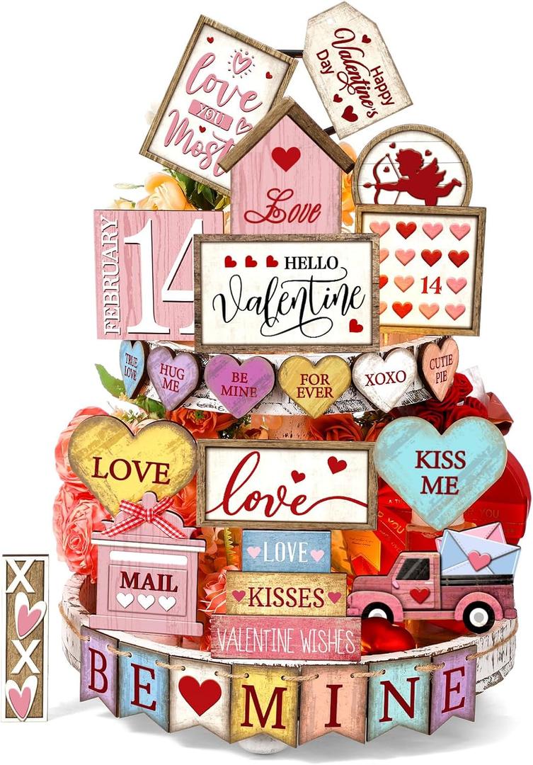24 Pcs Vintage Farmhouse Valentine's Day Tiered Tray Decor Set Heart Wooden Valentine Table Centerpieces Love Heart XOXO Wooden Signs for Home Decor