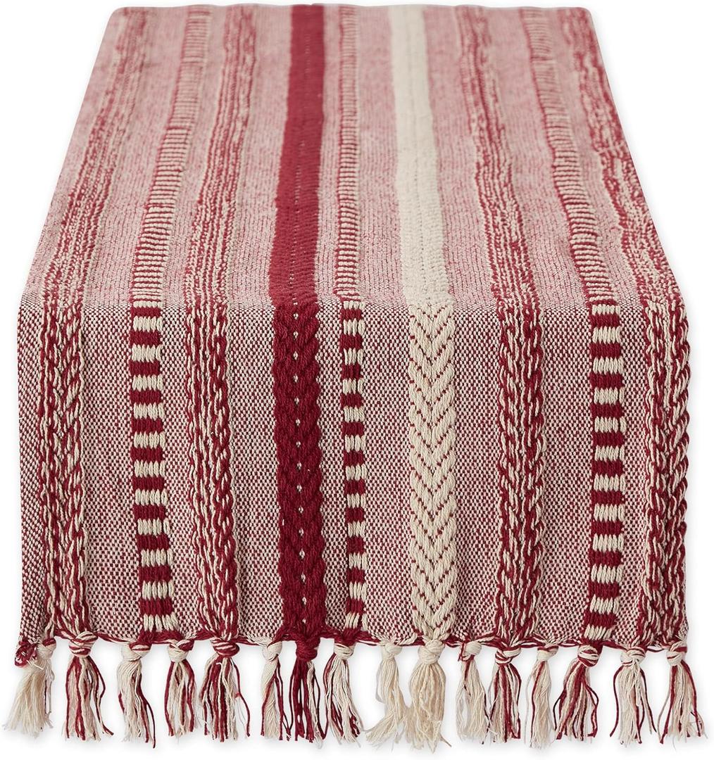 DII Farmhouse Braided Stripe Table Runner Collection, 15x108 (15x113, Fringe Included), Barn Red
