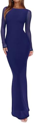 REORIA Women's Spring Mesh Sheer Long Sleeve Wedding Guest Dress Sexy Floral Bodycon Maxi Long Dresses Bellwether Blue, Large