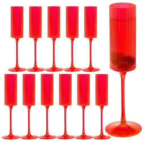 12Pieces Red Plastic Wine Glasses 6OZ Ribbed Champagne Flutes Mimosa Bar Toasting Glass Champagne Long Stem Vintage Drinking Colored Glasses,Plastic Goblets for Wedding Cocktail Cups,Cava,Prosecco