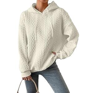 Fuimsul Women Cable Textured Drawstring Thermal Hoodies Casual Drop Shoulder Long Sleeve Solid Pullover Oversized Hooded Apricot Large