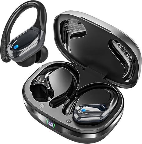 Catitru Wireless Earbuds Bluetooth Headphones 80H Playback Ear Buds Power Display with Noise Canceling Mic with Earhooks for Sports/Workout - Black