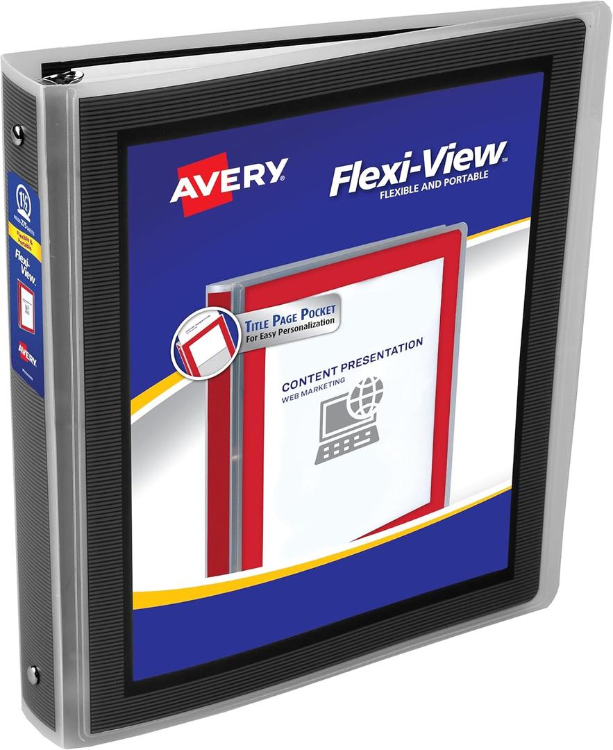 Avery Flexi-View 3 Ring Binder, 1.5 Inch Round Rings, 1 Black Binder (17637)