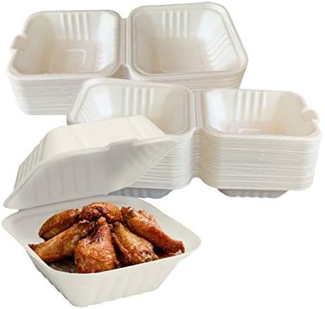 Raj Eco To Go Containers 6" Take out food containers Compostable Clamshell Disposable to-go boxes for food Carryout containers Eco Friendly Hinged Lid Microwave-Safe for Restaurants (White - 50 Pack)
