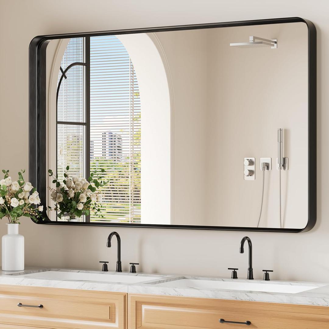 Koonmi Black Bathroom Mirror for Wall, 30x48 Inch Matte Metal Deep Framed Rounded Rectangle Wall Mirror for over Sink, Shatterproof Tempered Glass Mirrors for Bathroom, Hang Vertically or Horizontally