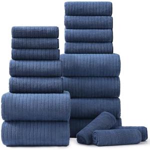 Pack Of 3 18 Piece Bath Towels Set,Soft Family Bathroom Towel Set with Hanging Loops-6 Bath Towels,6 Hand Towels,6 Washcloths,Highly Absorbent Quick Dry Shower Towel for Bathroom,Hotel,Spa-Navy Blue Towel Set