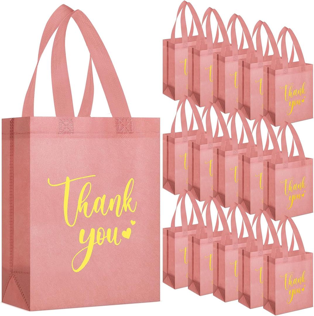 Sweetude 30 Pcs Thank You Gift Bags with Handles, Reusable Non Woven Foldable Goodie Bags Bulk for Graduation Teacher Appreciation Wedding Bridesmaid Favors(10 x 8 x 4 Inch,Leather Pink)