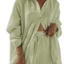 Fixmatti Women 2 Piece Outfits Long Sleeve Button Down Blouse and Shorts Sweatsuit Sets (Medium, Light Green)