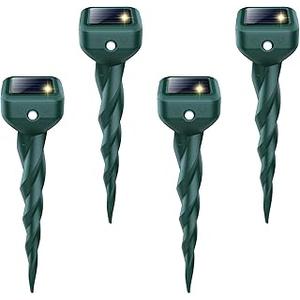Mole Repellent Solar Powered, 4 Pack Waterproof Ultrasonic Deterrent Stake, Get Rid for Snake, Deer, Gopher, Vole, Groundhog, Skunk, Sonic Spikes Outdoor Repellent for Lawns Garden & Yard