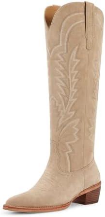 ISNOM Cowboy Boots for Women Knee High Cowgirl Boots with Classic Embroidered Pointed Toe Chunky Heel Pull On Fashion Retro Western Tall Boots, Size: 10