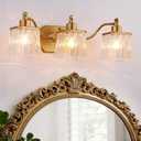 Vintage Bathroom Light Fixtures, 3-Light Gold Vanity Light with Ribbed Crystal Glass Shade, 21.4" Brushed Gold Vanity Lights for Bathroom Bedroom Living Room Hallway, E26 Base
