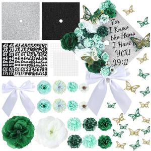 Naozinebi 55 Pcs Green DIY Graduation Cap Decorations Faux Assorted Flowers Green Bows 3D Butterfly Stickers Glitter Alphabet Letter Number Decals for DIY Hat Grad Cap Topper Graduation Party Supplies