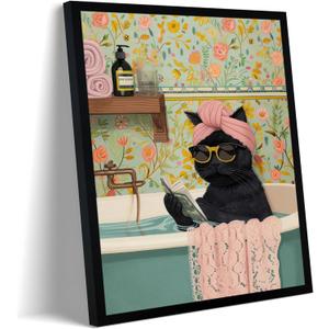 Framed Vintage Cat Canvas Wall Art, Funny Pink Animal Reading Books Painting Picture Print, Cute Kitten Lovers Aesthetic Wall Decor for Nursery Girls Room Bedroom Kids Room 16''L x 12''W
