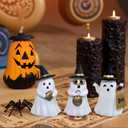 Resin Small White Ghost Figurines, 3PCS Ghosts with Witch Hats, Cute Ghost Statue for Spooky Halloween Decor, for Indoor Halloween Party Tabletop Home Shelf Decoration (Set of 3, White, Black and Gold)