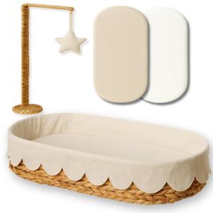 Premium Baby Changing Basket  Handwoven Wicker Basket for Baby  Waterproof Pad + Linen Cover  Scalloped Changing Basket for Baby Dresser - Moses Basket Bassinet -