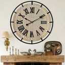 24 Inch Large Farmhouse Wall Clock, Metal Rustic Wood with Silent Quartz Movement, Easy Read Roman Numerals, Battery Powered Round Decorative Wall Clock for Living Room Bedroom Kitchen Office