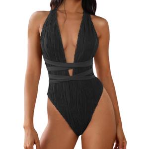 ZAFUL Women's One Piece Swimsuit Deep V Neck Ribbed Self Tie Sexy High Cut Bathing Suit Crisscross Back Swimwear (Large, Black)