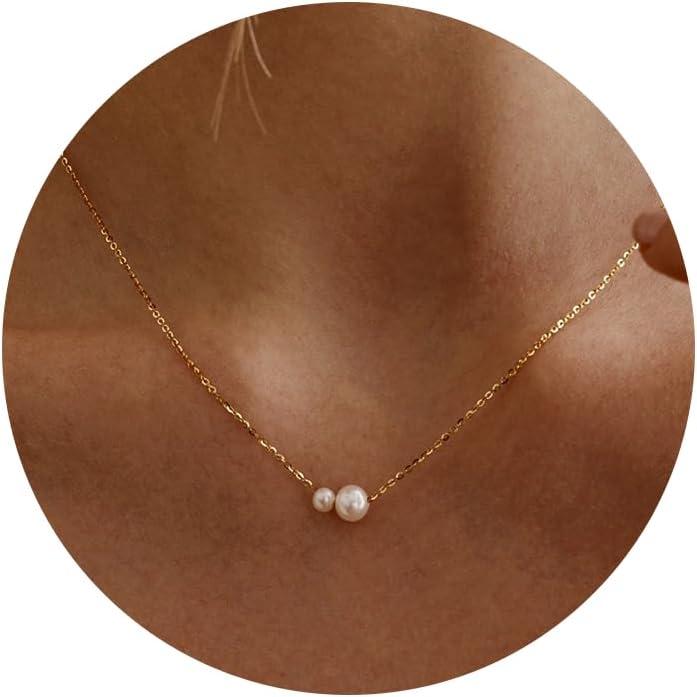 Mothers Day Gifts- Pearl Necklaces for Women Trendy, 14k Gold Plated Dainty Necklace Simple Pearl Drop Single Charm Pendant Necklace Birthday Wedding Gifts Gold Jewelry for Women