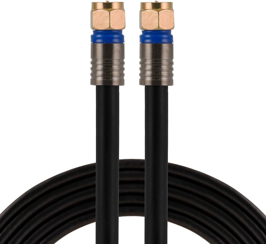 GE RG6 Coaxial Cable, 25 ft. F-Type Connectors, Quad Shielded Coax Cable, 3 GHz Digital, In-Wall Rated, Ideal for TV Antenna, DVR, VCR, Satellite, Cable Box, Home Theater, Black, 33531