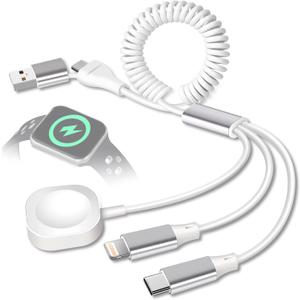 CUGUNU Coiled USB/Type-C to iWatch/iPhone Lightning/Type-C Multi Charger Cable, 3-in-2 Retractable Multiple Car Fast Charging Cord Compatible with iPhone/Apple Watch/iPad/Android Phone