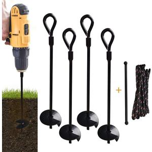 MIXXIDEA 15 inch 4 Pack Ground Anchor Stakes, Dual-Purpose Heavy Duty Metal Earth Augers for Tents, Canopies, Trampoline Sheds, Car Ports, Swing Sets, Small Buildings (Black-4 Pack)