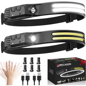 Beccason 2Pack LED Headlamp Rechargeable - 230 COB Super Bright Head Lights for Forehead, Hard hat Light for Adults, USB C Headband Flashlight for Work, Hunting, Running, Camping Essentials Gear