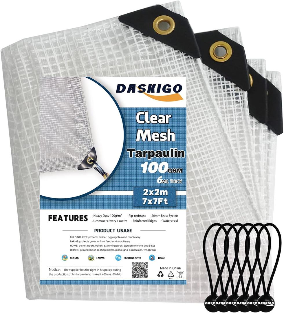 7 x 7Ft Heavy Duty Waterproof Tarps Reinforced Mesh Clear Tarp Cover Sheet & 6 PCS Bungee Balls
