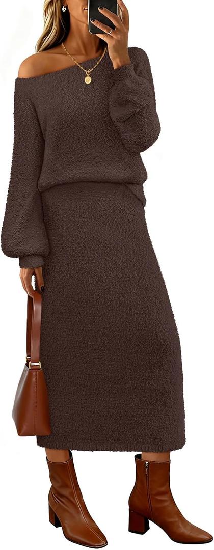 MEROKEETY Women's Fuzzy 2 Piece Outfit Winter Long Sleeve Off Shoulder Pullover Top Midi Skirt Matching Lounge Sets (Brown, M)