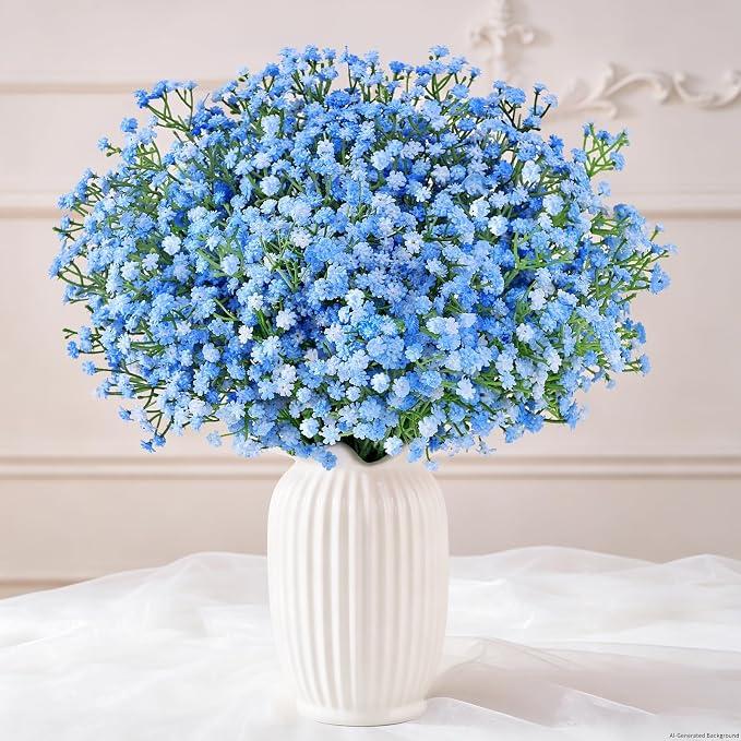 Ovveroche 120 Pcs Baby Breath Artificial Flowers Bulk Blue Baby Breath Flowers Artificial Fake Babys Breath Gypsophila Faux Babys Breath for Wedding Bouquet Home Party Decor, 11.8 Inch