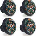 4 Pack Norwegian Rosemaling Folk Style Green Flower Cabinet Knobs Round Drawer Pulls Black Dresser Knob Cupboard Door Handles Hardware for Kitchen Bathroom Cabinets