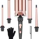 Wand Curling Iron Hair Crimper, Emocci Pro Large 3 Barrel (0.35"-1.25" Ceramic Barrel) Hair Crimper for Women Beach Waves Instant Heat Hair Waver Set for Long Hair Curlers 5-in-1 Curling Wand Set