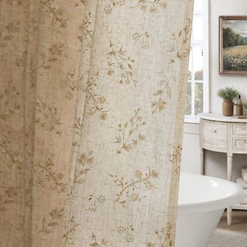 XOGUIBO Beige Floral Farmhouse Vintage Linen Shower Curtain, French Country Shower Curtains for Bathroom, 72Wx72H