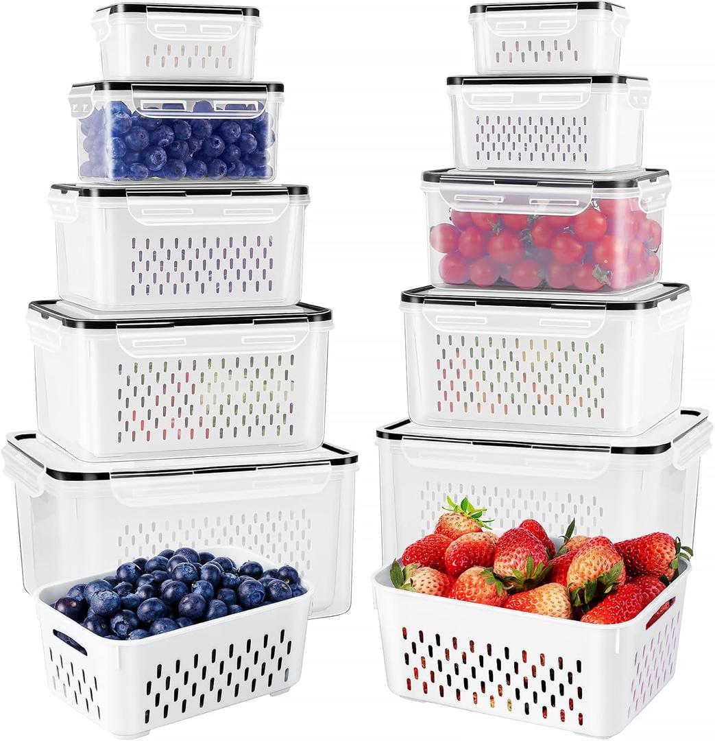 Freshmage Fruit Storage Containers for Fridge with Removable Colander, Airtight Food Storage Container, Dishwasher Safe Produce Saver for Refrigerator, Keep Berry Fruit Fresh Longer 6 pcs Large Clear