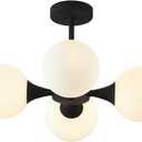 KCO Lighting Mid Century Modern Semi Flush Mount Ceiling Light Fixture Farmhouse Black Globe Sputnik Chandelier Ceiling Light 4-Light Milk Glass Hallway Ceiling Light