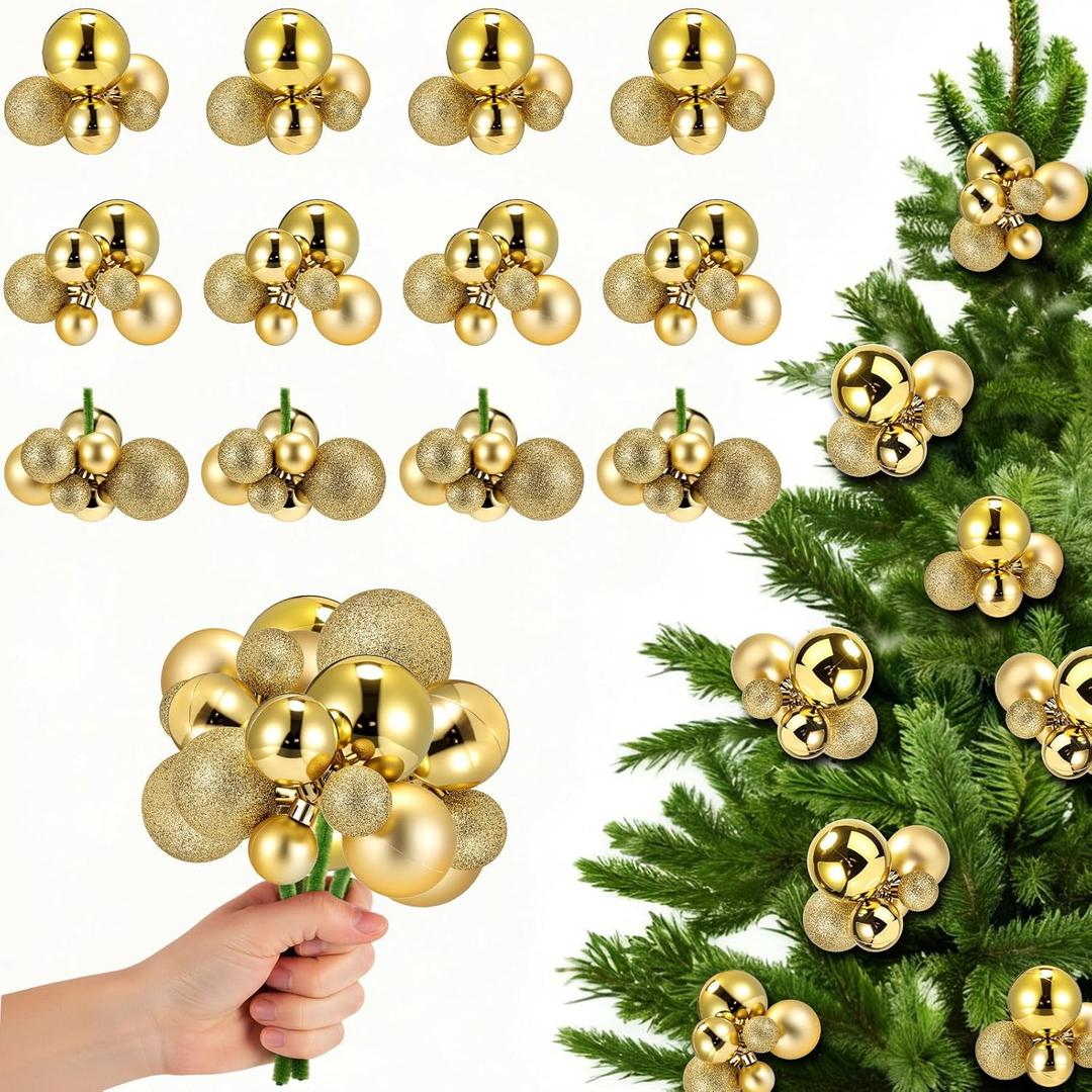 Soulchen 38 Pcs Christmas Ball Clusters Ornament on Wired Picks Shatterproof Xmas Ball Picks Cable Tie DIY Craft Chenille Stems for Xmas Tree Vase Holiday Party Decor(Gold)