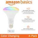 Amazon Basics Smart BR30 LED Light Bulbs, Color Changing, 9W (60W Equivalent), 800LM, Energy Efficient, Voice Control, Works with Alexa Only, 2.4 GHz Wi-Fi, No Hub Required, 4-Pack