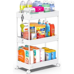 SPACEKEEPER Rolling Storage Cart 3 Tier, Bathroom Cart Organizer Laundry Room Organizer Utility Cart Mobile Shelving Unit Multi-Functional Shelves for Office, Kitchen, Bathroom, White