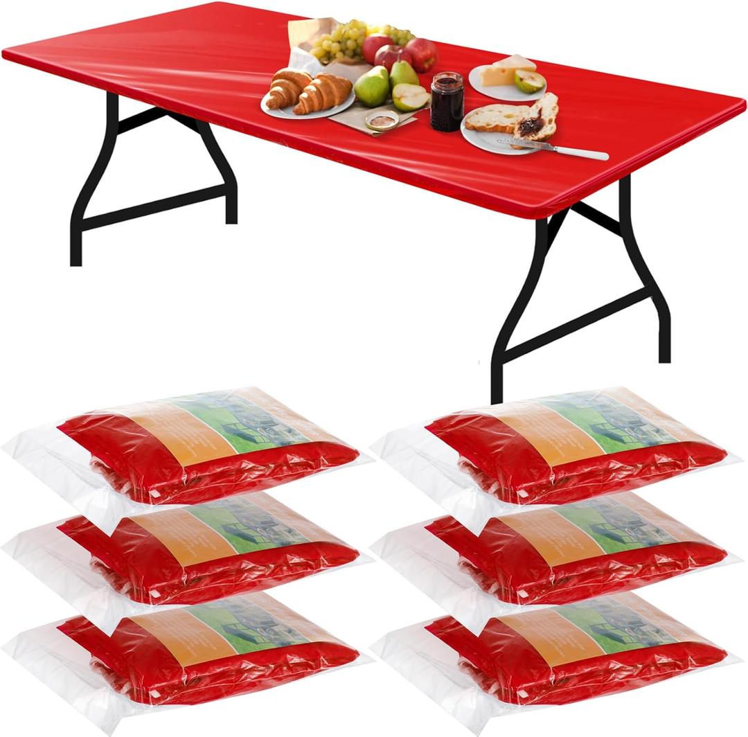 Boao 6 Pcs Disposable Plastic Tablecloth Parties Picnic Table Covers with Elastic Fitted Elastic Plastic Table Cover Rectangle Waterproof for Indoor, Outdoor, Picnic, Camping (Red,72 x 30 Inch)