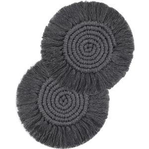 2 PCS Boho Coasters for Drinks Absorbent, Macrame Cotton Coasters for Wooden Table Round Drink Coaster Set with Tassels Housewarming Gift Bar Coffee Table Office Desk Decor (Gray)