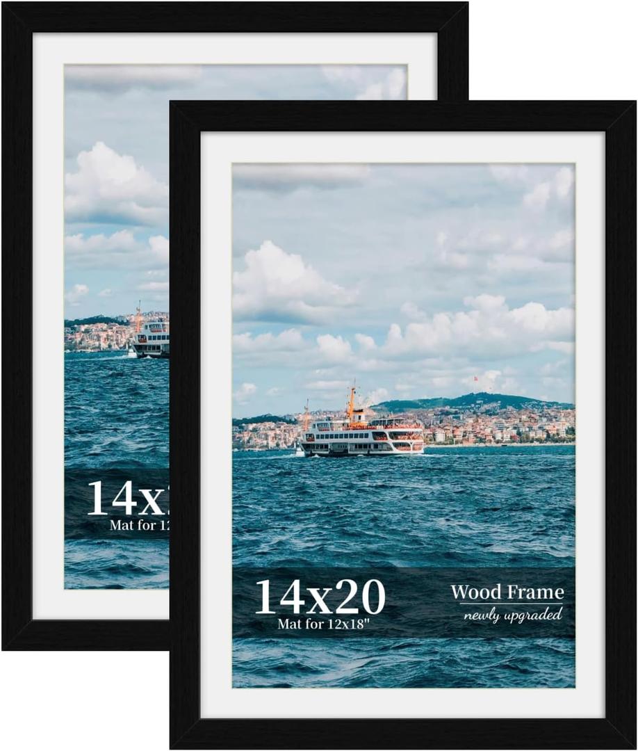 14x20 Picture Frame Set of 2, Wood Frame with Real Glass, Wide Border, 14X20 in