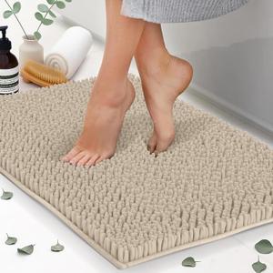 ITSOFT Plush Bathroom Rug 22x14, Absorbent Machine Washable Non Slip Chenille Bath Mats, Quick Dry Bathmat, Bath Rugs for Bath, Shower, Bedroom, or Door Mat, Beige