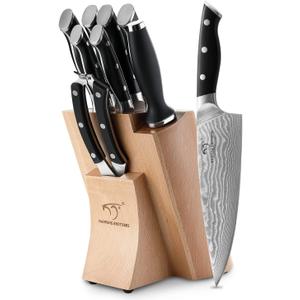 NANFANG BROTHERS Knife Sets, 9 Pieces Damascus Kitchen Knife Set with Block, ABS Ergonomic Handle for Chef Knife Set, Knife Sharpener and Kitchen Shears, Knife Block Set (Black/Natural)