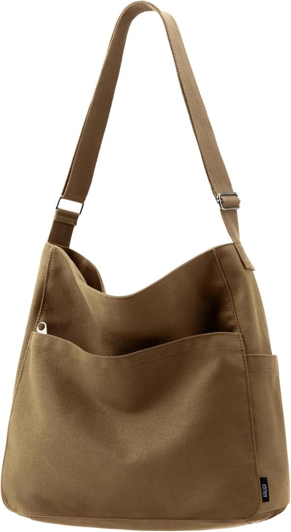 KALIDI Canvas Tote Bag Large Hobo Crossbody Shoulder Handbag Zipper Messenger Bag for Women or Men Casual College Work (Brown)