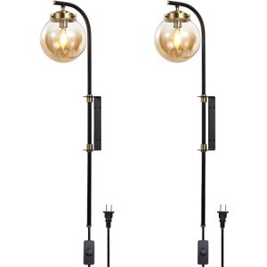ELEHINSER Black Wall Sconces Set of 2 with Globe Shade, Modern Indoor Plug in Wall Lamps with Switch, Angle Adjustable Light for Bedroom Living Room Study Hallway Bedside